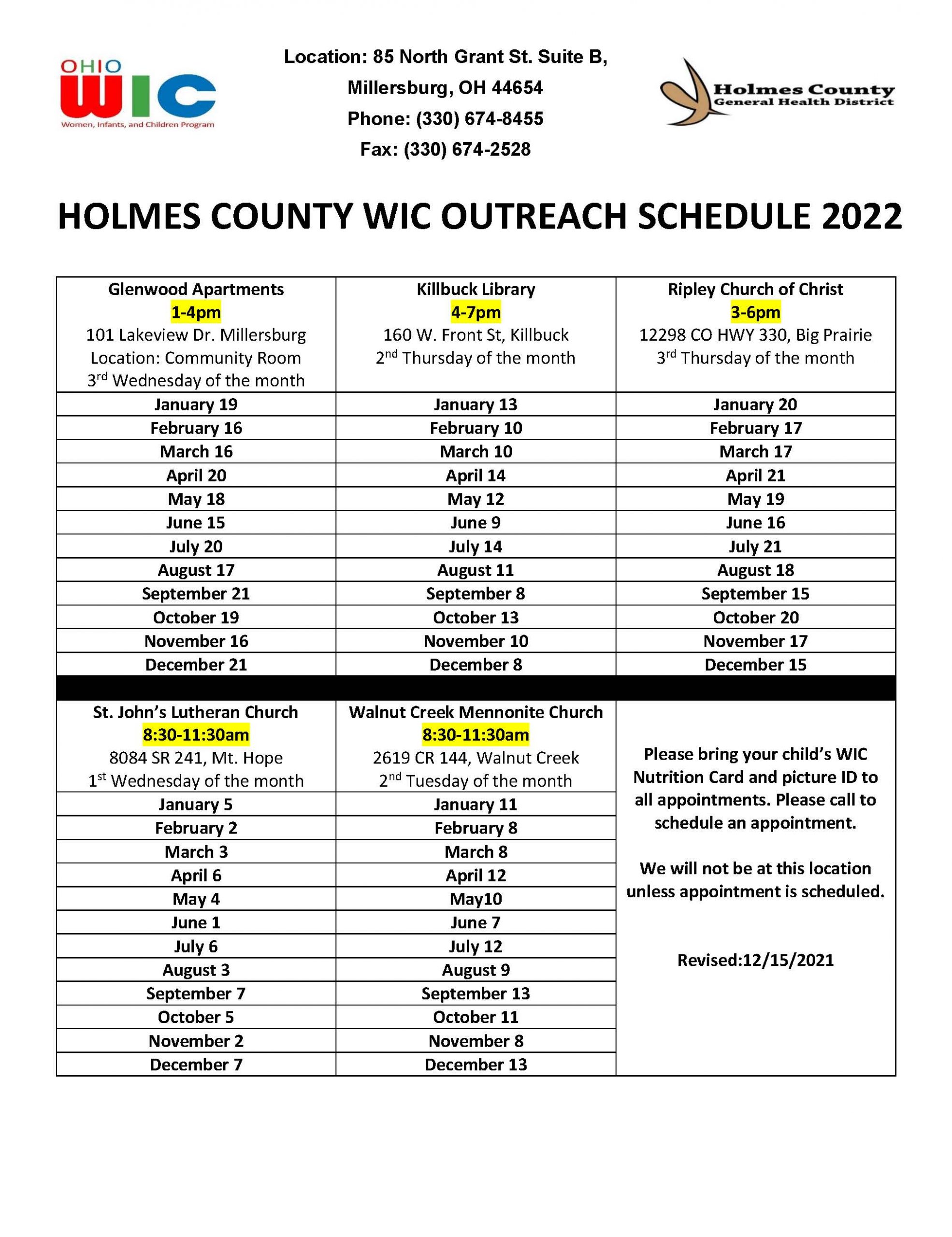2022 Outreach Clinic Schedule