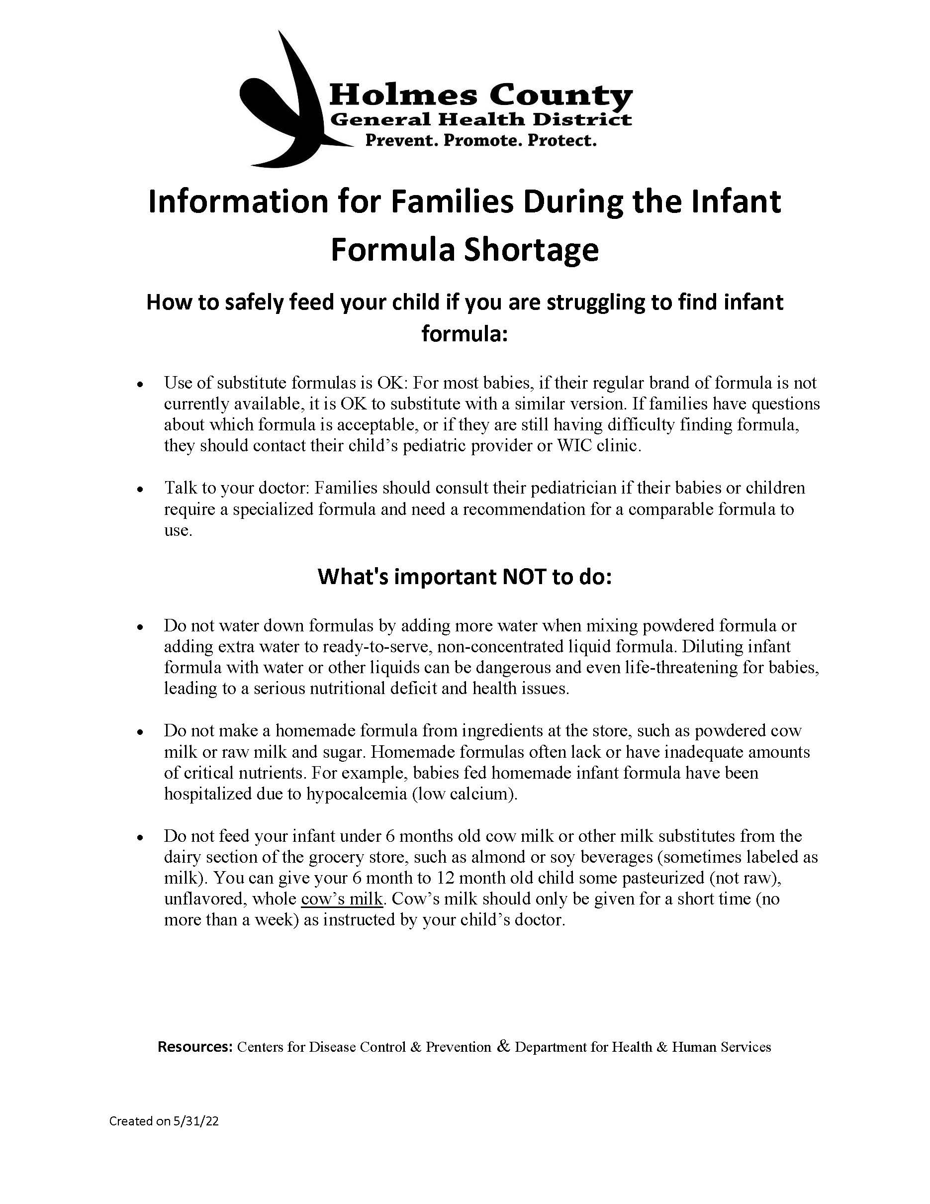 Info on Infant Formula Shortage